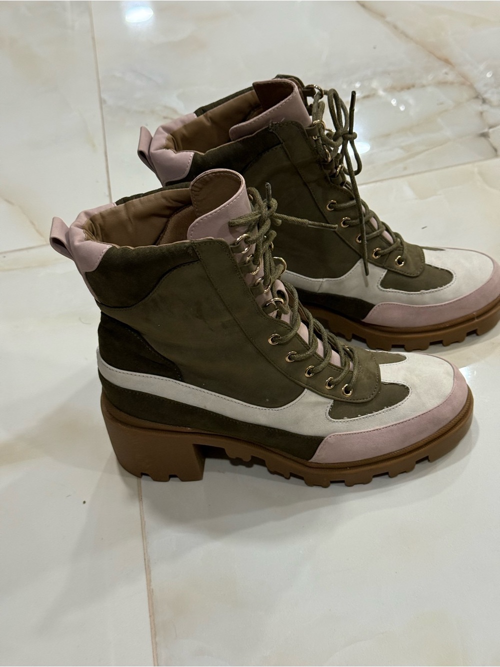 Lace-Up Olive Green and Pink Chunky Lug Sole Women's Boots